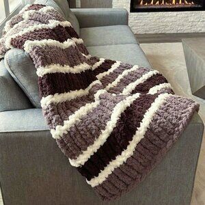 Chenille Chunky Hand Knit Blanket | Striped Mocha, Chocolate & Cream